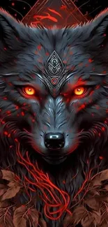 Mystical wolf with fiery red eyes and intricate designs on a dark background.