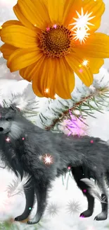 Wolf under bright orange flower in snowy setting.