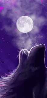 Wolf silhouette howling at the moon against a purple sky.