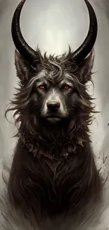 Illustration of a mystical wolf with horns in dark tones.