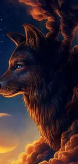 Mystical wolf with moon in a dark sky art.