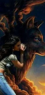 Fantasy wallpaper with a mystical wolf under a moonlit night sky.