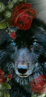 Mystical wolf with red roses on phone wallpaper.