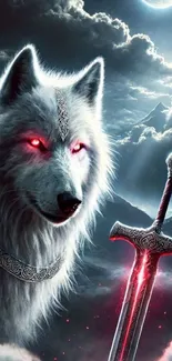 Wolf with red eyes and sword under a moonlit sky.