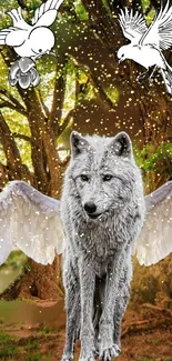 Wolf with wings and birds in forest wallpaper.