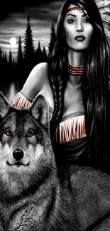 Monochrome art of a woman with a wolf, set in a nighttime forest backdrop.