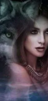 Mystical artwork of a woman blended with a wolf portrait in dark tones.