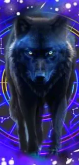 Mystical blue wolf with zodiac constellations background.