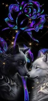 Mystical wolves with a vibrant rose on a dark background with golden stars.