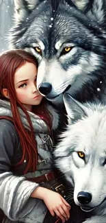 Artwork featuring a girl with two wolves amidst a snowy forest backdrop.