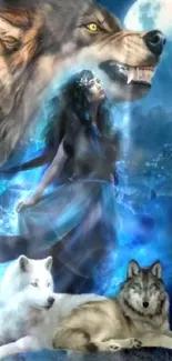 Mystical wolves and moon with girl in blue dress.