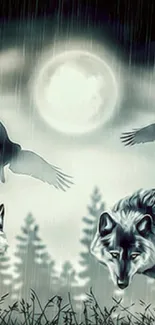 Mystical wolves and ravens in a moonlit forest wallpaper.