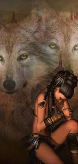 Mystical warrior kneeling with wolves in background.