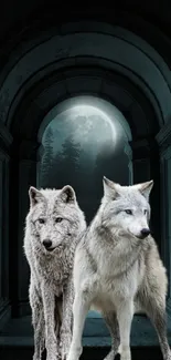 Two mystical wolves stand under a moonlit arch.