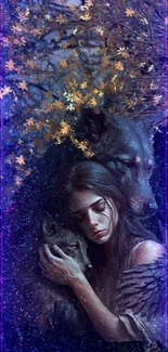 Mystical woman and wolves in a fantasy setting.