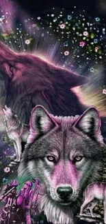 Fantasy wolves and flowers mobile wallpaper with a mystical feel.