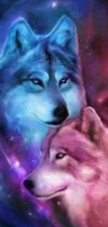 Two mystical wolves in a vibrant galaxy scene.