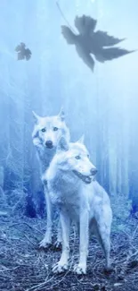 White wolves standing in a mystical blue forest with falling leaves.