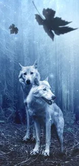 Wolves standing in a mystical blue forest, leaves falling around.