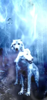 Mystical wolves in a blue forest setting wallpaper.