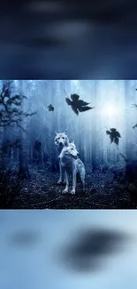 Two mystical wolves in a blue forest setting with falling leaves.