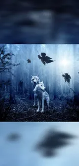 Two mystical wolves in a blue forest with falling leaves.