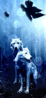 Two wolves in a mystical blue forest background.