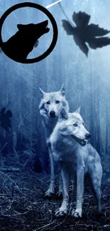 Mystical wolves in a blue forest mobile wallpaper.