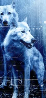 Two mystical wolves with digital elements in a blue-toned forest scene.