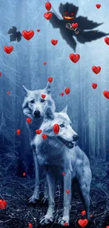 White wolves in a blue forest with red hearts floating around.