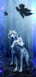 Two wolves in mystical forest with falling leaves and blue hues.