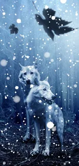 Mystical wolves in a serene blue forest with falling leaves.