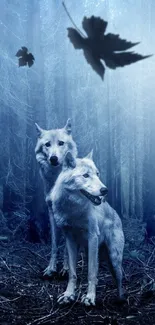 Captivating wolves in a mystical, blue-hued forest scene with falling leaves.