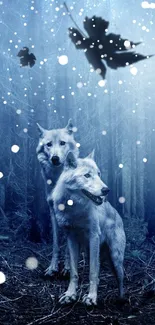 Two mystical wolves in a blue forest with falling leaves.