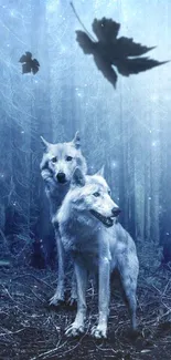 Two wolves in a mystical blue forest with swirling leaves and moonlight.