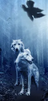 Mystical wolves in an enchanted forest with blue hues and serene atmosphere.