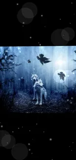 Mystical wolves under a moonlit sky in an enchanted forest wallpaper.