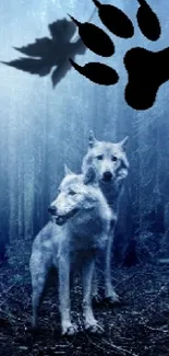 Mystical wolves in a blue forest with moonlight glow.