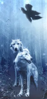 Two majestic wolves in mystical blue forest wallpaper.