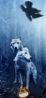 Mystical wolves in a bluish enchanted forest with birds.