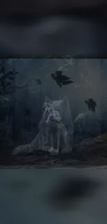 Ethereal wolves emerging from a mystical forest at night.