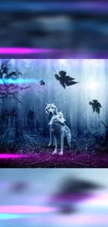 Two wolves in an enchanted, neon-lit forest scene.