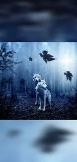 Two mystical wolves in an enchanted forest at night with floating ravens.