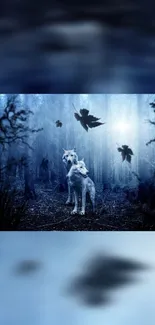 Two wolves in a mystical forest under a blue-toned night sky with flying leaves.