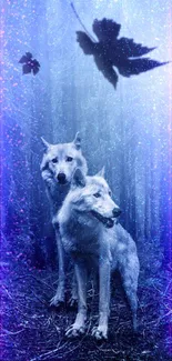 Mystical wolves in a serene blue forest with falling leaves.