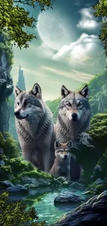 Wolf family in a mystical, moonlit forest scene.