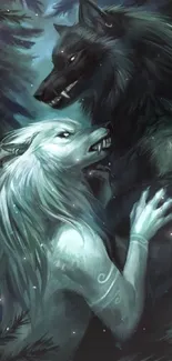 Mystical wolves in a moonlit forest scene, dark and enchanting.