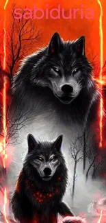 Two mystical wolves under an orange moon in a dark forest.