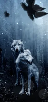 Two wolves stand in a mystical, moonlit forest under a blue-tinted night sky.