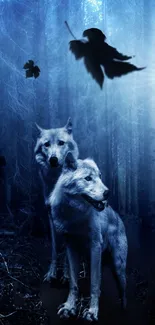 Two wolves under moonlight in a mystical blue forest.